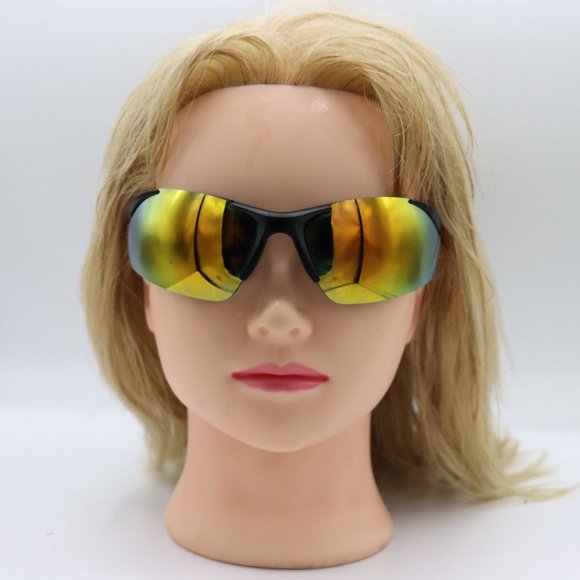 Unisex Wide Wrapstyle Black Sports Sunglasses UV 400 Protected Yellow Green Mirr - Picture 3 of 3